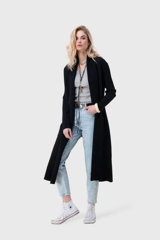 Glam Solid Long Cardigan with a Chale Collar