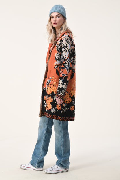 Flower Jacquard Collar and 3 buttons Cardigan