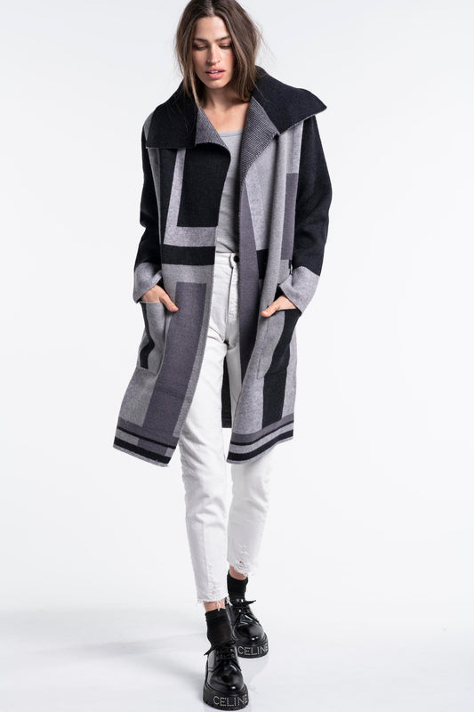 Sarah Grey Mondrian Design Jacquard Knit Coat