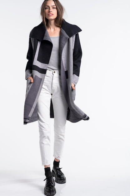 Sarah Grey Mondrian Design Jacquard Knit Coat