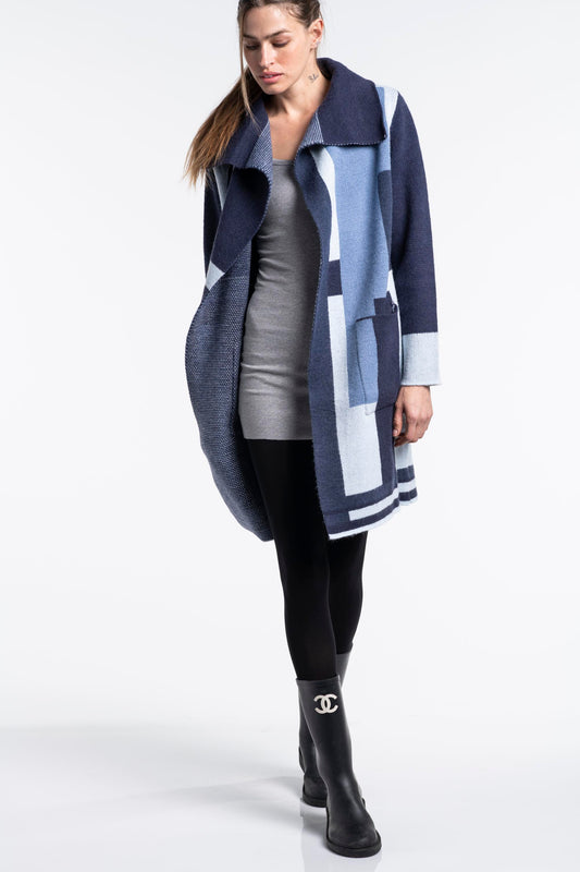 Sarah Blue Mondrian Design Jacquard Knit Coat