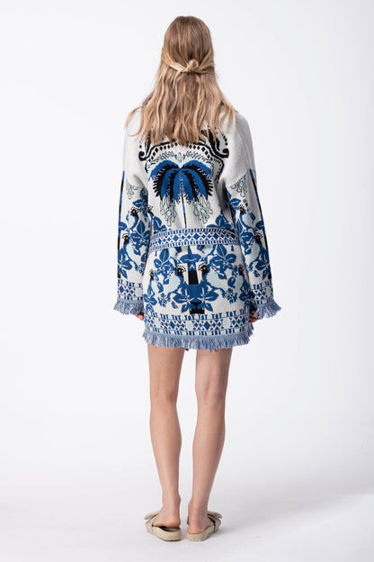 Bird and Palm Blue Jacquard Belted Cardigan