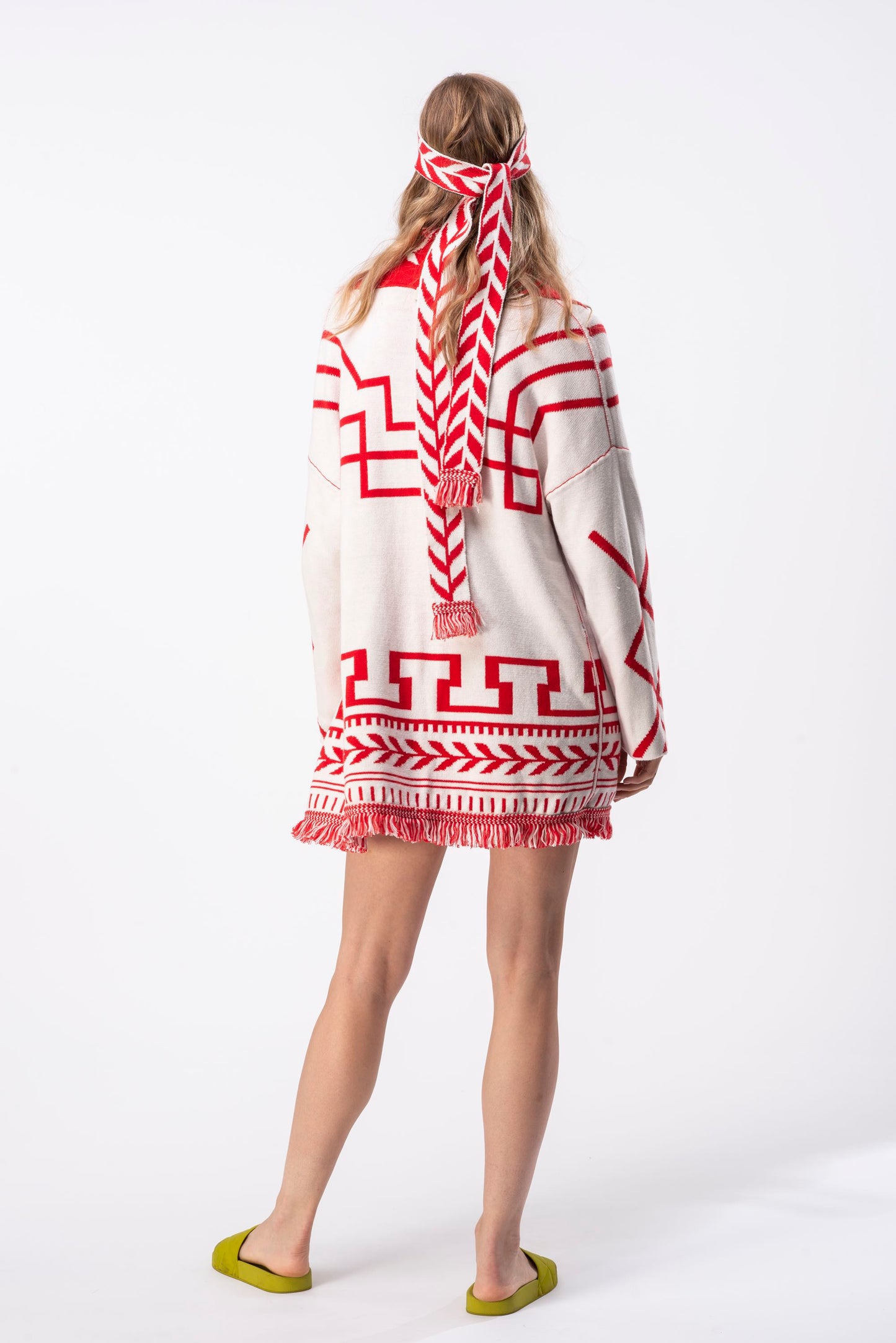 Indiana Red Belted Jacquard Cardigan Reversible