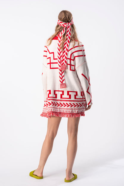 Indiana Red Belted Jacquard Cardigan Reversible